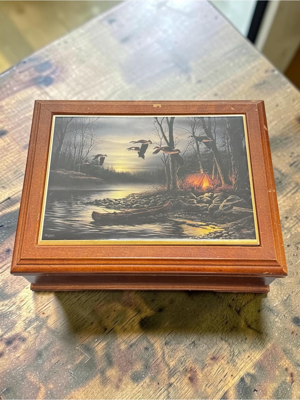 Terry Redlin Wooden Trinket Box Ceramic Tile Lid Cabin Wildlife “ Evening Glow”